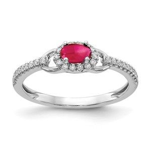 14k White Gold Diamond and Cabochon Red Ruby (July Birthstone) Ring (Size 7)